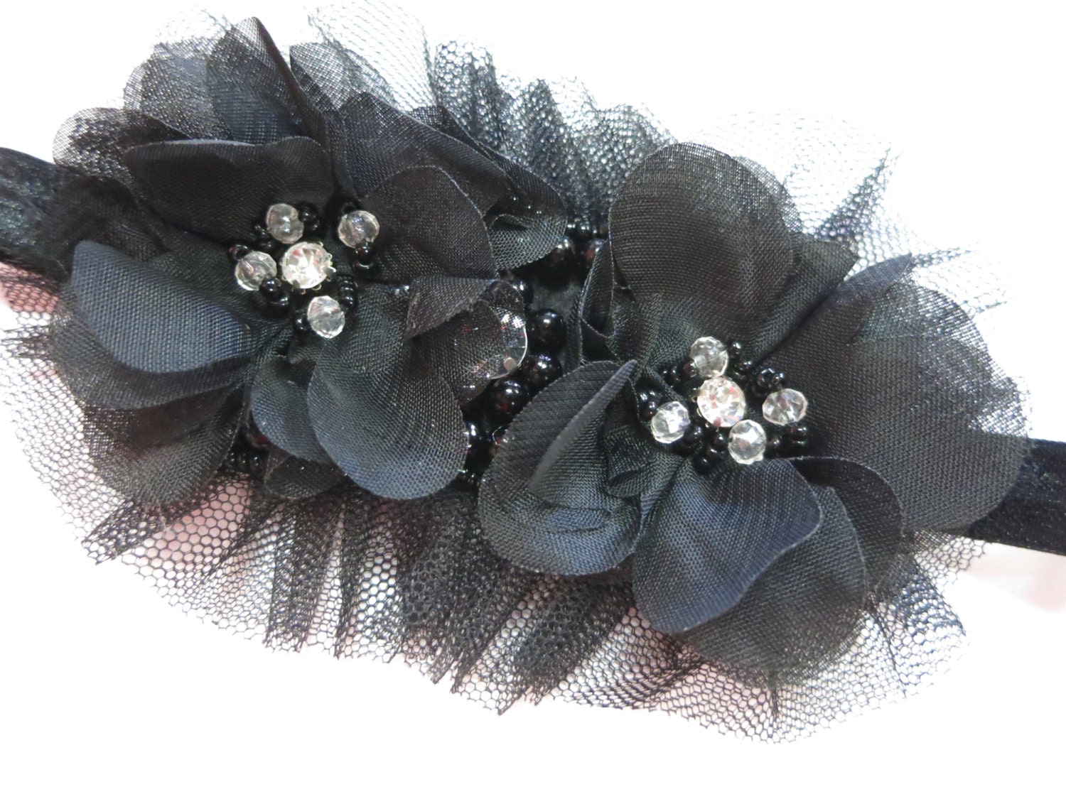 Black Rhinestone Headband - Children - Newborn - Photo Prop - Wedding - Bling headband - Ivory Option - Pearls and Tulle