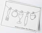 Illustrated housewarming postcard, printed on recycled paper