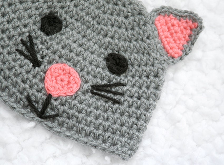 Soft Kitty Crochet Baby Hat // Grey & Pink // 0 to 3 Months