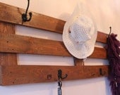 Rustic large coat rack made of recycled pallet wood, black metal hooks, Chestnut stain handmade