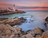 Large Canvas Print Wall Art Lighthouse Sunset Ocean Beach Portland Maine Long Exposure Photo Coastal Home Decor New England