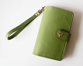 Samsung Galaxy Note 2 Wallet - Leather Samsung Galaxy Note II Case with Tree Button Snap in Olive Green - Handmade & Hand Stitched