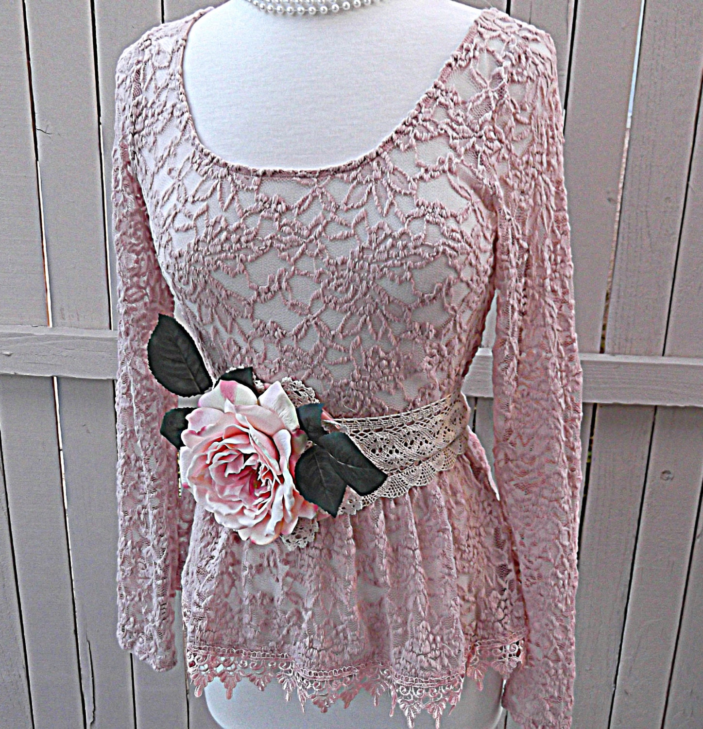 Sale Women's Romantic Lace Dusty Rose Shirt Peplum Waist Junior's Cottage Chic Top with Flower Sash