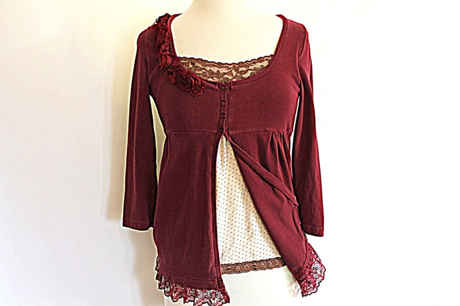 Women's Clothing Burgundy Long Sleeve Upcycled Shirt with Cami Junior's Top