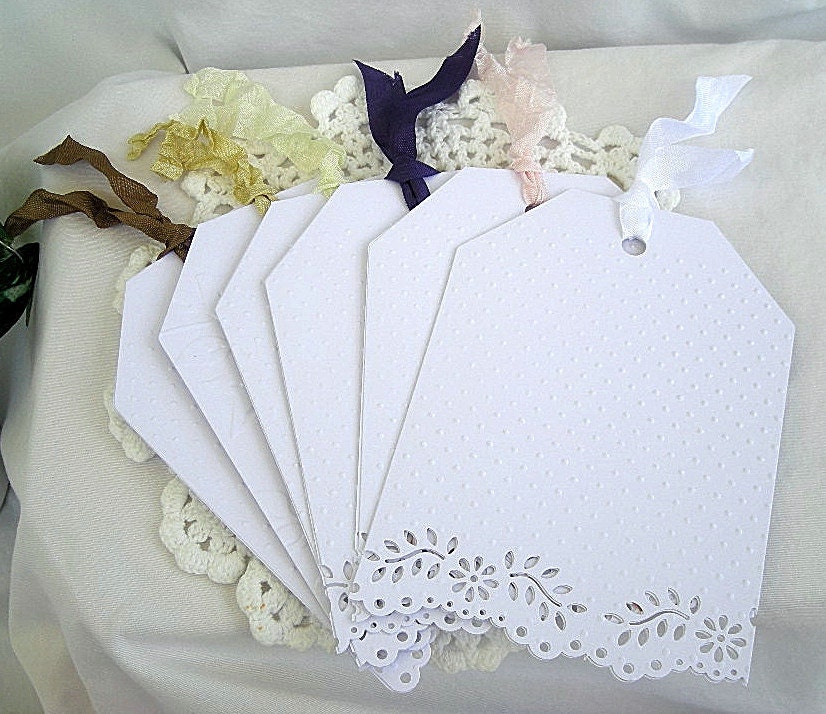 Invitation Doily Lace Note Cards, Embossed Gift Tags, White Tea, Shower, Shabby Chic, Wedding, 10 Card Set without Embossed Envelopes