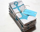 Set of Six Eco Friendly Reusable Cloth Napkins in White and Aqua Nautical theme with Anchors size 16 by 16