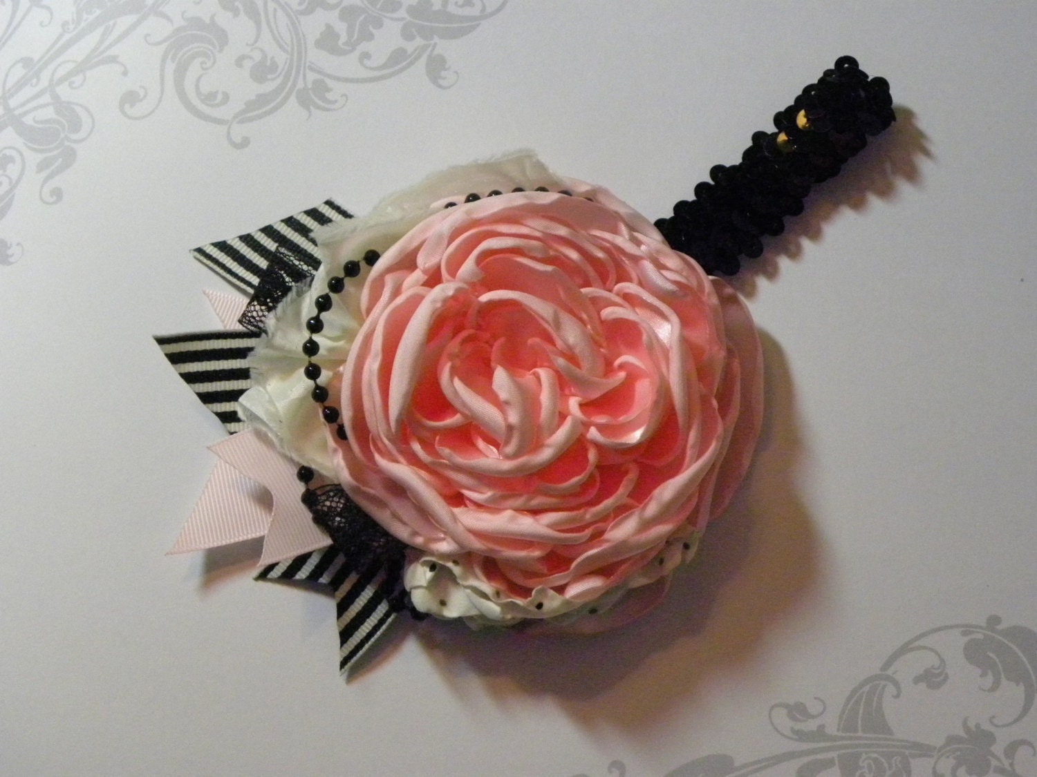 Vintage feel pink and black fancy flower headband sequin retro spring perfect photo prop