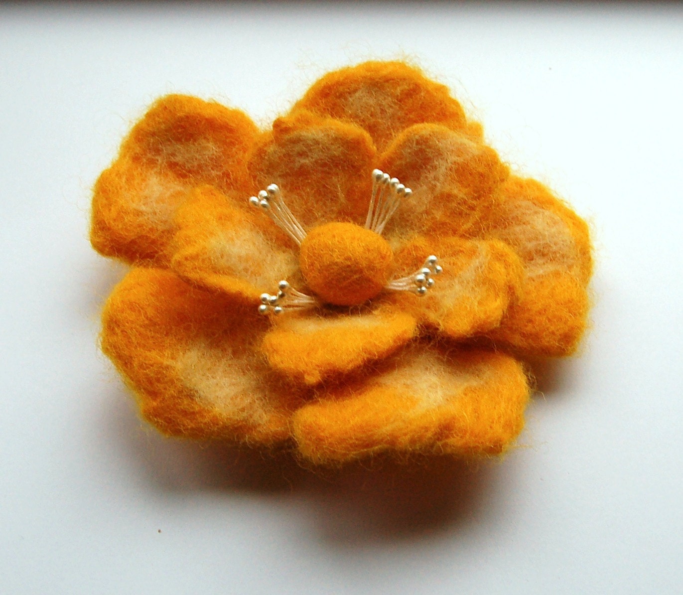 Felted flower brooch, wet felted wool flower, sunny yellow