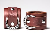 Chestnut Leather Bondage Cuffs - Steel Rings - Spotted Shadow Motif - Nickel Fasteners