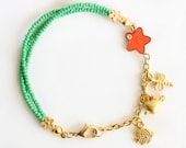 Charm bracelet green czech seed beads three strand bracelet orange star gold plated heart fish dragonfly summer bracelet best friend gift