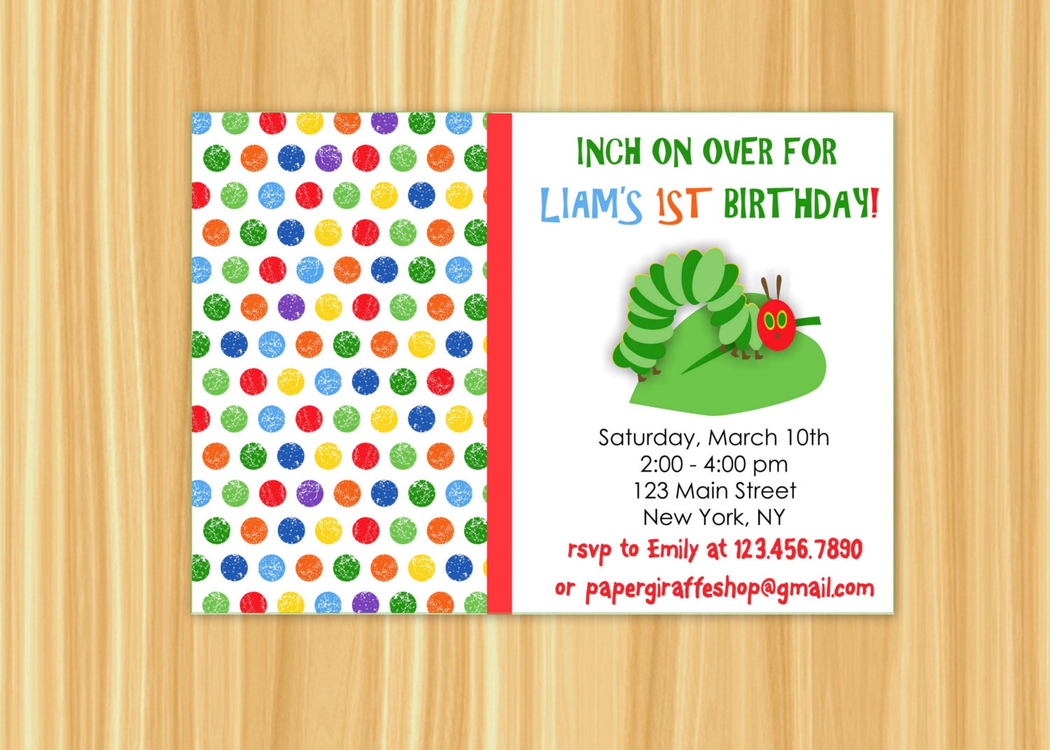 Custom Printable VERY HUNGRY CATERPILLAR Birthday Party Invitation (Dots Pattern Background or Chevron Pattern Background)