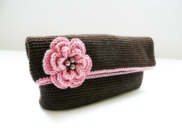 Brown clutch, crochet chocolate purse, summer evening bag with pink rose