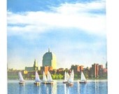 Vintage Postcard Souvenir Boston Massachusetts Back Bay Charles River Sailboats Skyline Repurposed Home Decor