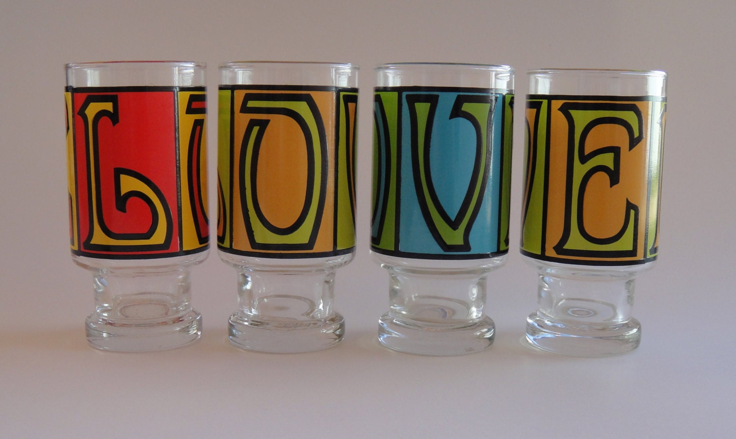 LOVE Mod Glassware in Bright Beautiful Colors 1970's Retro Style Glasses