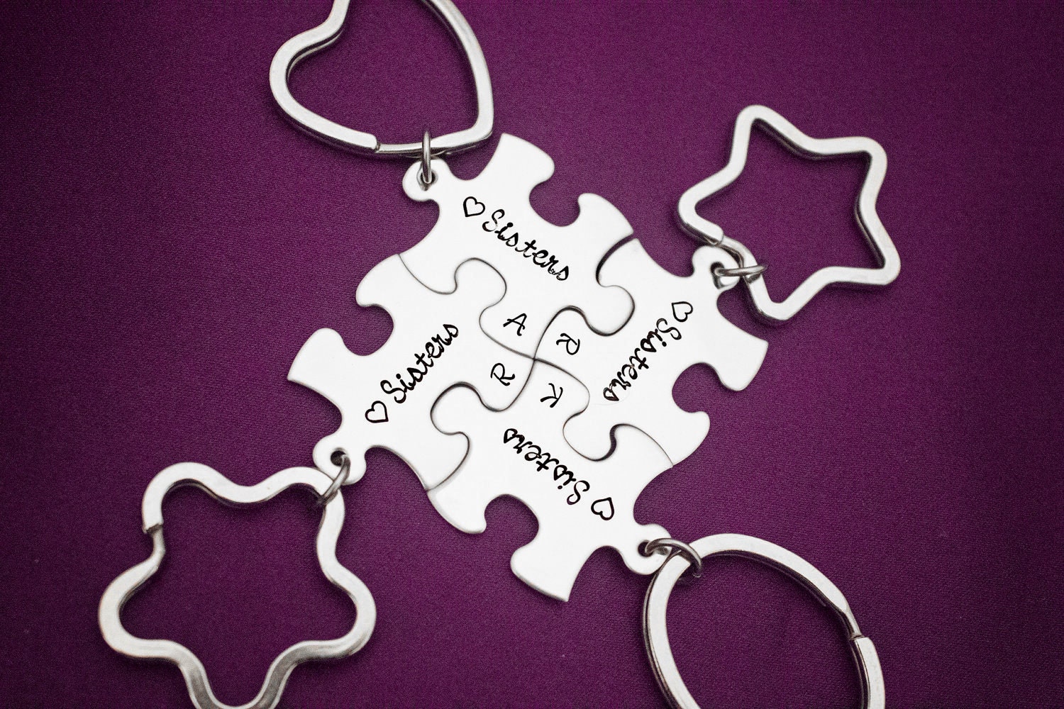 Sisters - Hand Stamped Stainless Steel Keychain Set - Interlocking Puzzle Pieces - Personalized with Initials