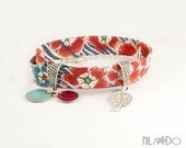 Wrap Bracelet -  Fabric bracelet red and blue poppy - Liberty bias Ellie Ruth - Charms bracelet