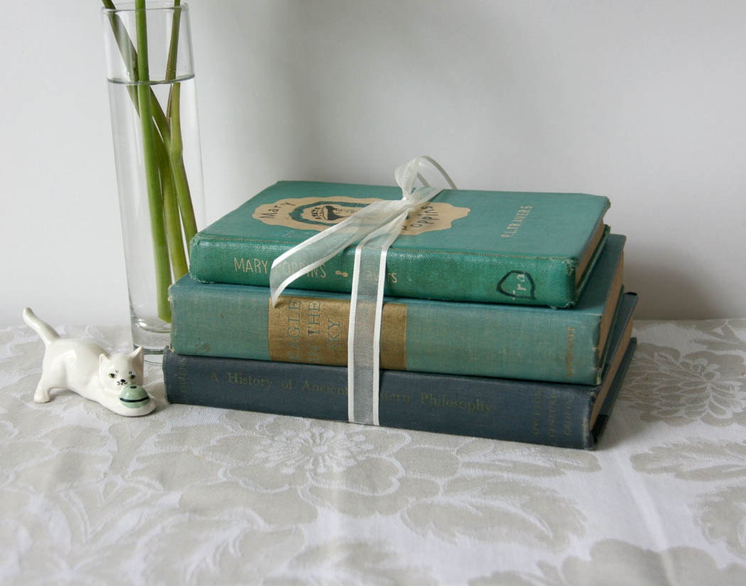 Vintage Books for Home Decor - teal green blue shabby chic farmhouse country cottage rustic