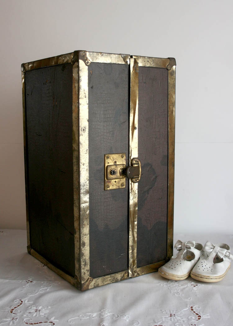 Vintage Doll Trunk Wardrobe Victorian wooden black metal trim antique shabby chic