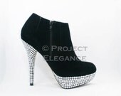 New Size US 10 Black Faux Suede Platform High Heel Boots Booties Clear Crystal Bling