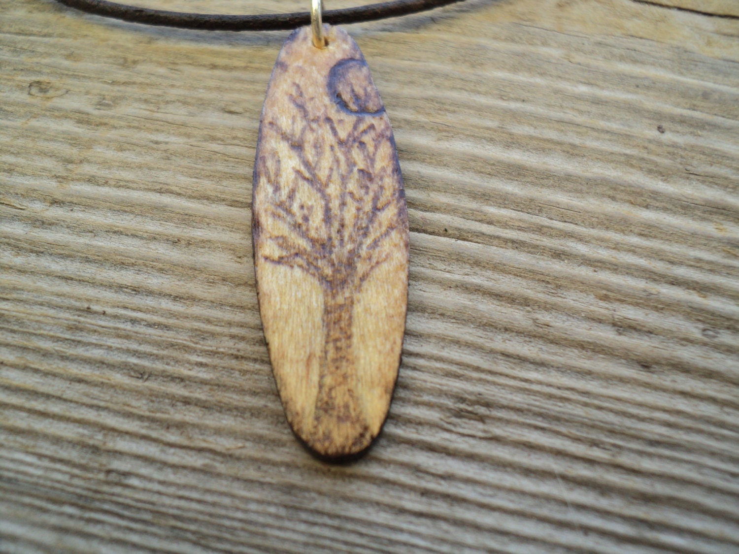 Wooden Woodburned Winter Tree and Full Moon Design on Adjustable Leather Necklace