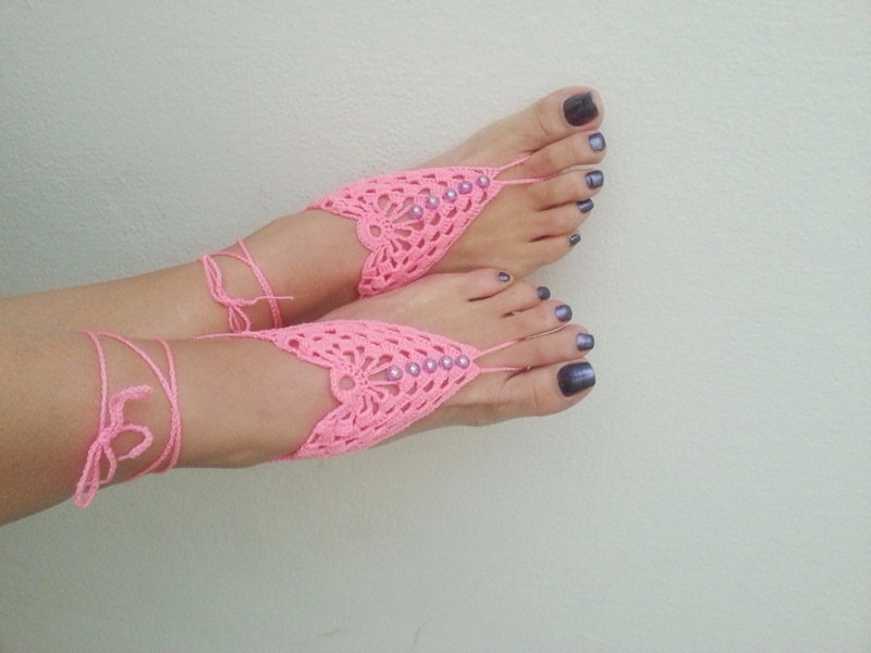 Pink  Barefoot Sandals, Nude shoes, Foot jewelry, Wedding, Victorian Lace, Sexy, Lolita, Yoga, Anklet