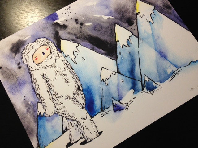 Yeti / Abominable Snowman Print of a Watercolor Painting, Snow Art Drawing Winter Cold Chilly