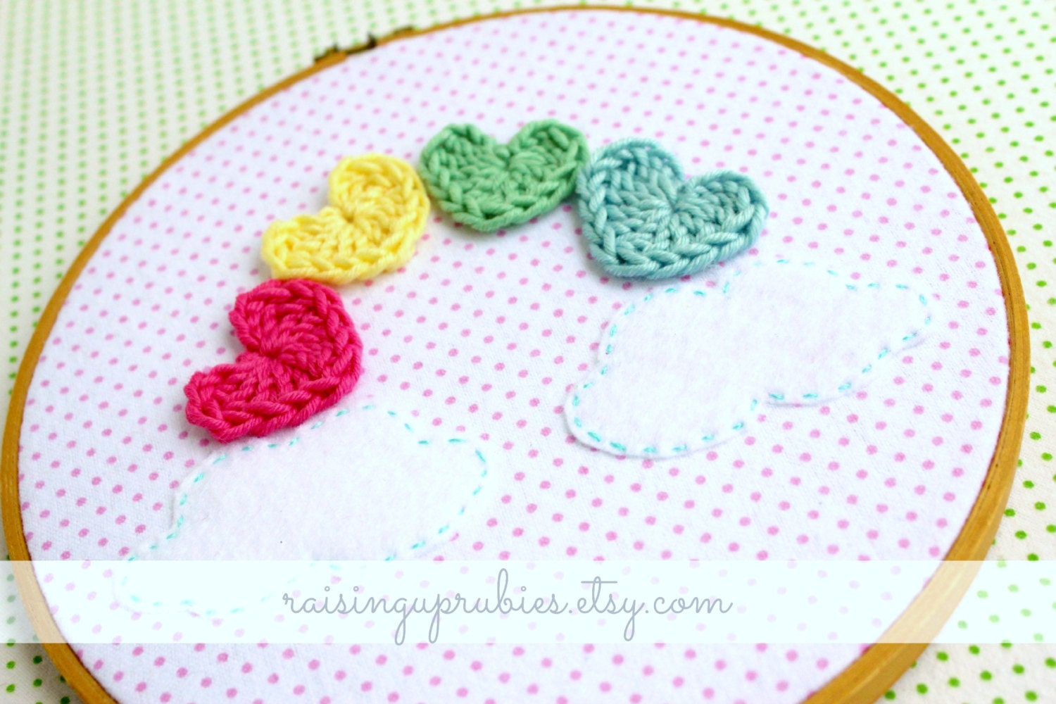 polka dot rainbow clouds vintage embroidery hoop art - with crocheted hearts