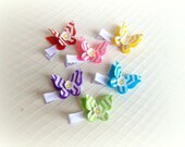 Chevron Hair Clip Set of 2 - Butterflies with Flowers in Spring Colors Mustard Sky Blue Pink Purple - Girl, Baby, Infant, Child