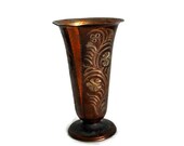 Etched flower vase GULISTAN handcrafted vintage COPPER, floral etching. Earthy 70s handmade Turkish Anatolian tribal crafts urn, home decor