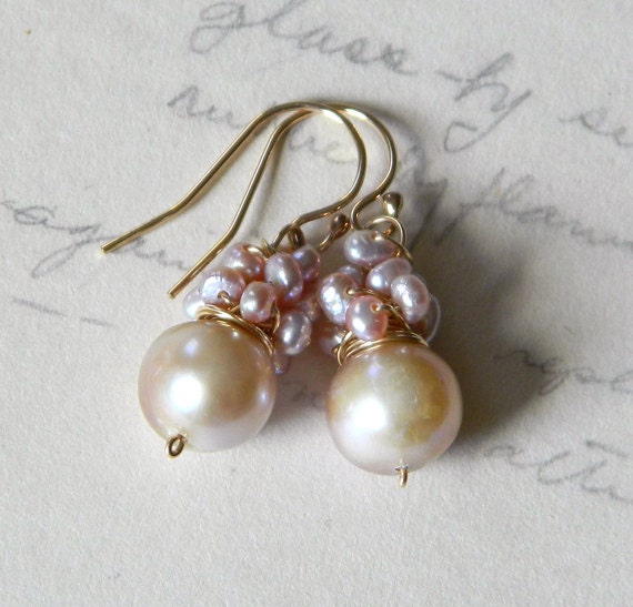 Pearl Cluster Dangle Earrings- Pearl Bridal Earrings,  Pink Mauve Freshwater Pearls, 14k Gold Filled, June Birthstone