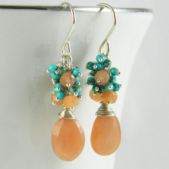 Peach Earrings, Peach Moonstone And Turquoise Earrings, Peach Cluster Dangle Earrings, Gemstone Cluster Earrings
