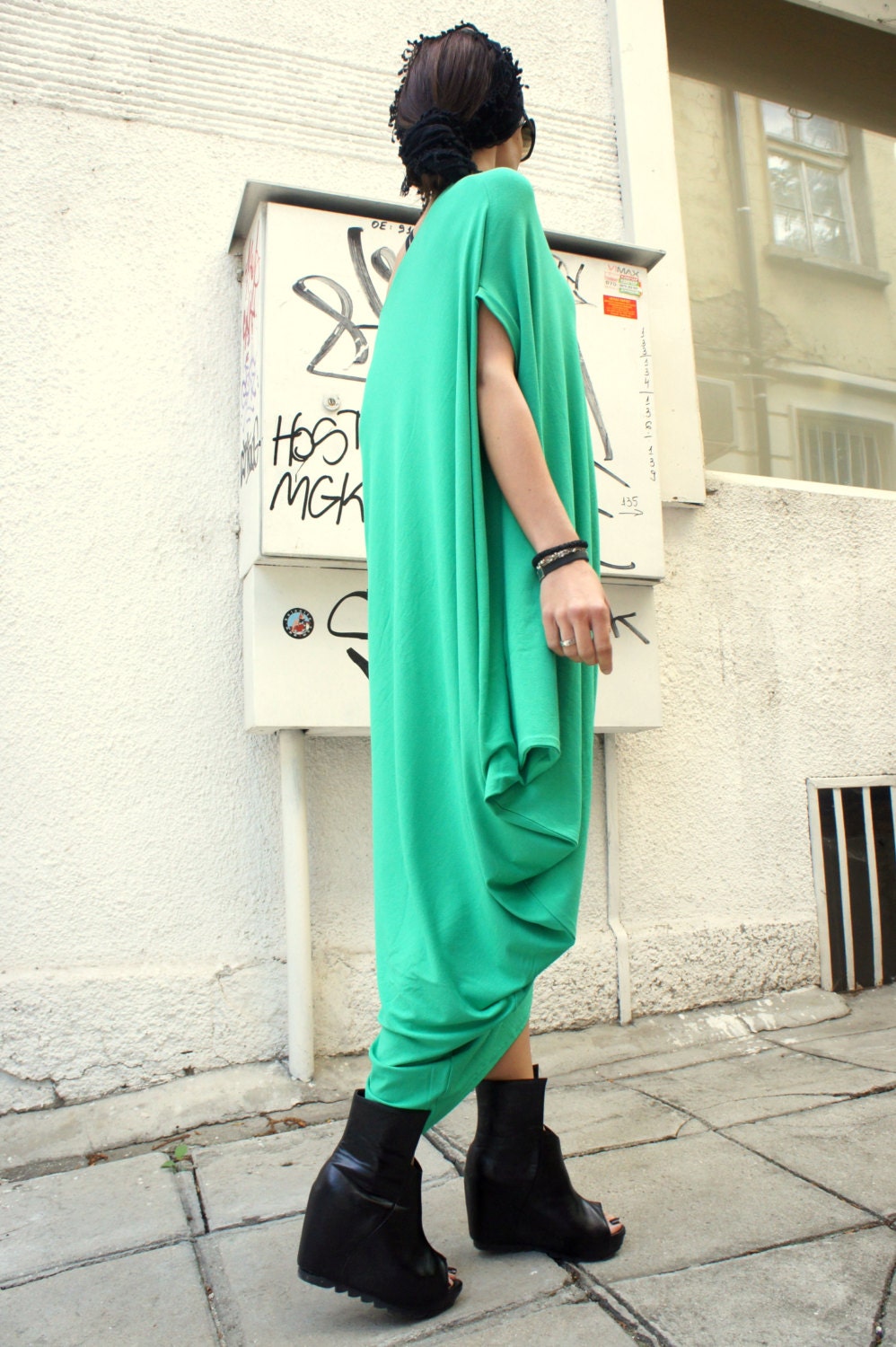 Now DHL Shipping / No Additional Fees / Oversize Green  Loose Casual Top / Asymmetric Raglan Long Sleeveless Tunic One Size / Maxi Blouse