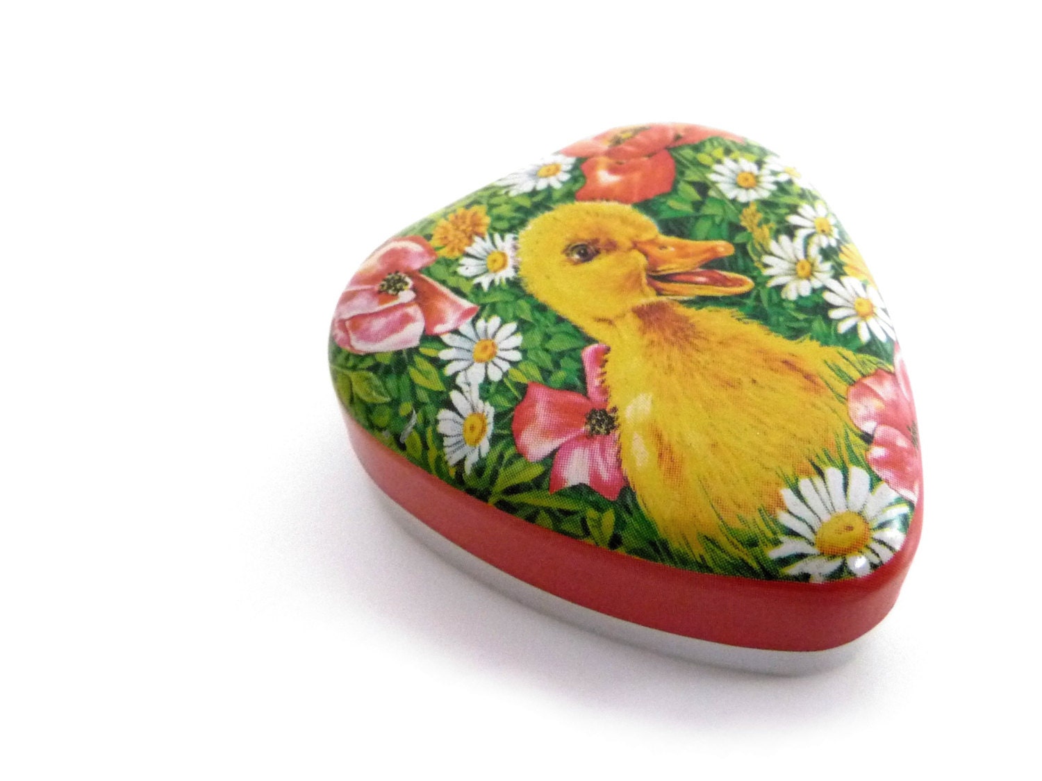 Vintage Italian Tin Box - Retro Licorice Candy Metal Box - Heart Shape - Duckling and Flowers - Perfetti / Italy