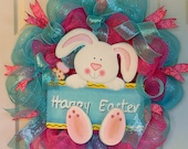 Easter Deco Mesh Wreath, Bunny Rabbit, Pink, Blue, Happy Easter Sign,Holidays, Indoor Outdoor Decor
