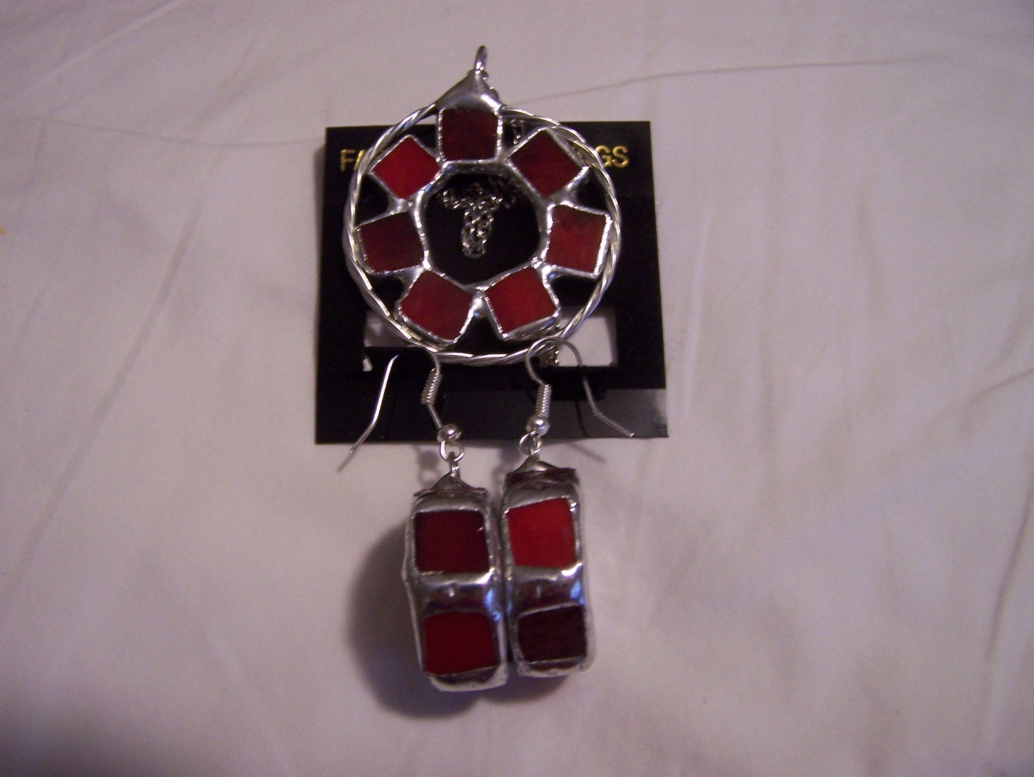 Hoop Earrings and Necklace, Red and Black glass, Decorative wire