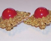 Large Bold Domed Red & Goldtone Metal Clip on Earrings Avon Bold Burst 1992  on sale 5.00