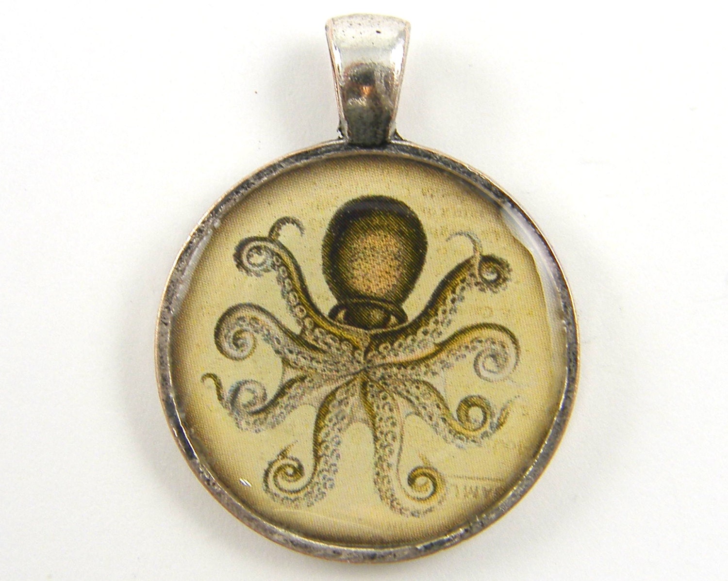 Octopus Pendant, Octopus Necklace Pendant, Yellow Octopus Pendant, Art Pendant in Silver, Tan Silver Sea Life Marine Aquatic Jewelry Charm