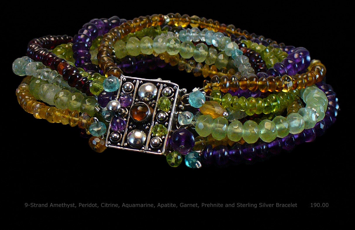 Multi Gemstone 9-Strand Bracelet in Amethyst, Aquamarine, Peridot, Citrine, Prehnite, Apatite, Garnet and Sterling Silver