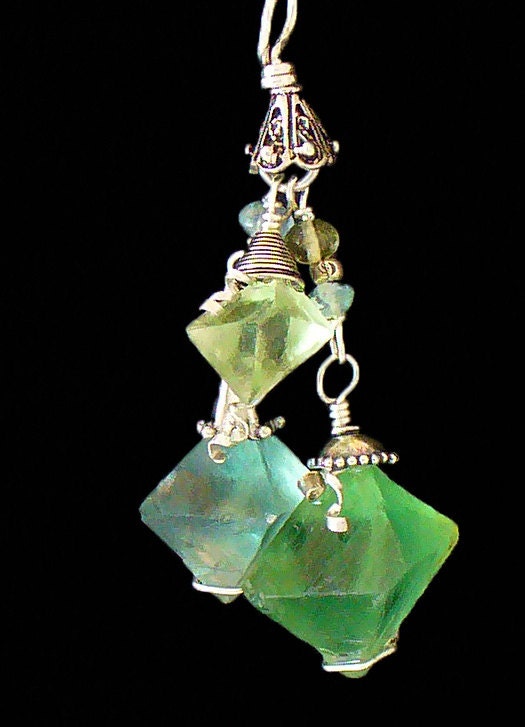 Fluorite, Sterling and Fine Silver Triple Pendant with Aquamarine and Beryl