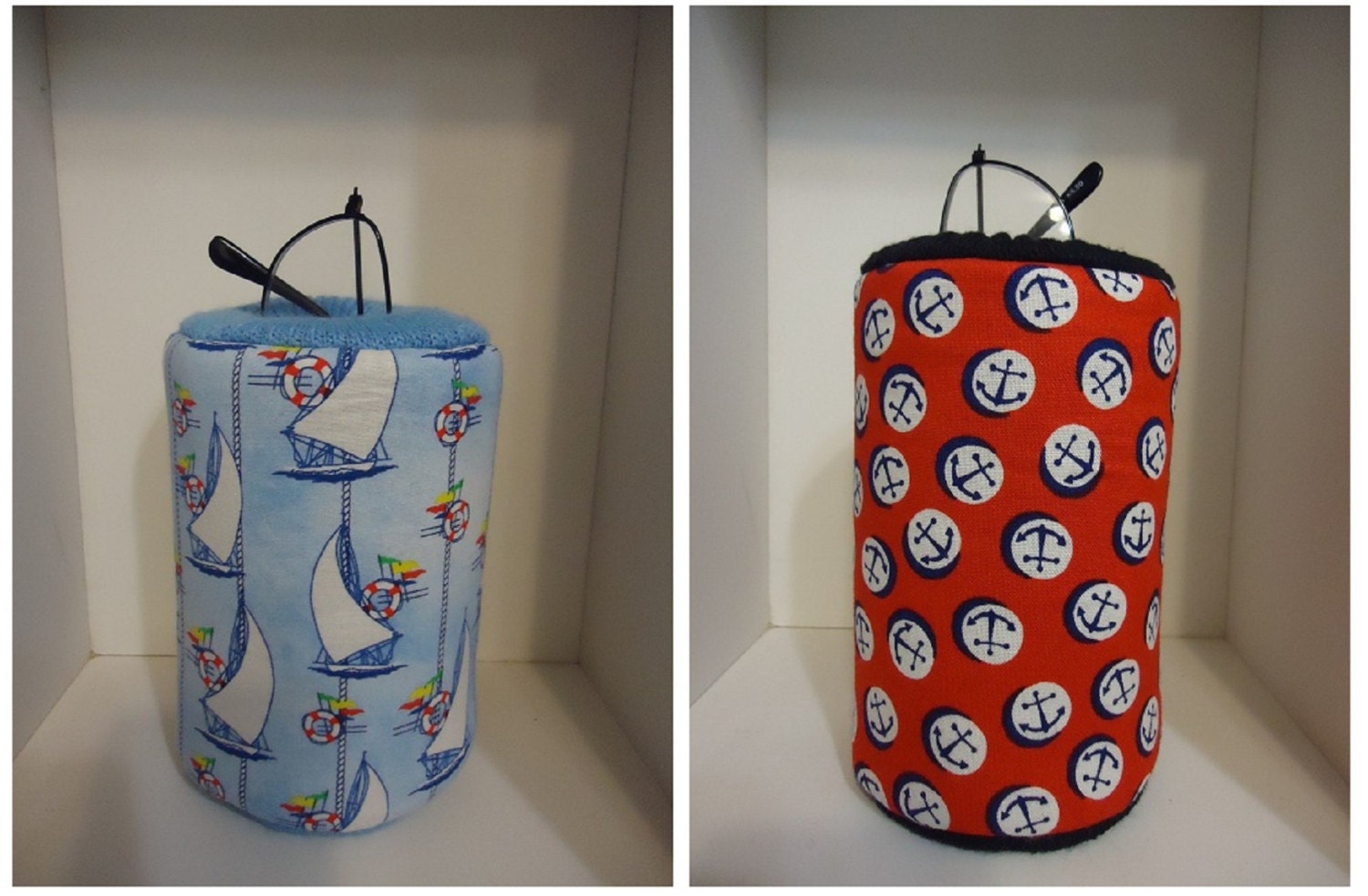 2 Piece Set Eyeglass Holder & Pencil Holder Fabric Choices Blue Sailboat OR Anchor Red nite stand desk kitchen Den gift office friend