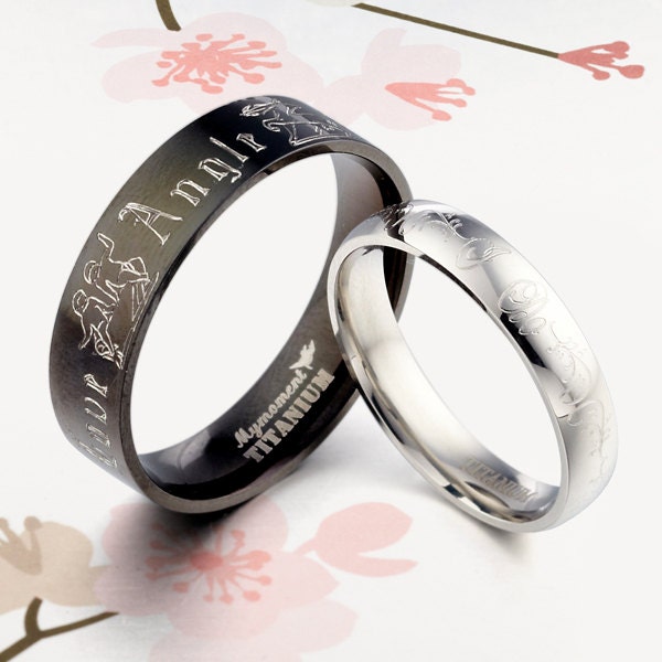 Handmade Anywords Black  Silverof ring Elvish Engrave Groom&Bride Wedding Engagement Titanium Rings Set Flat Court