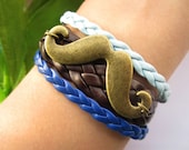 full beard bracelet--antique bronze charm bracelet,multilayer colors braid leather bracelet,blue &brown wrist strap