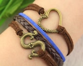 love bracelet--my love of superman bracelet,antique bronze charm,brown braid leather bracelet,brown and blue cord,MORE COLORS