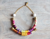Rainbow rope statement necklace " Iwana" /// Circus collection /// Hand crafted brass and fiber necklace