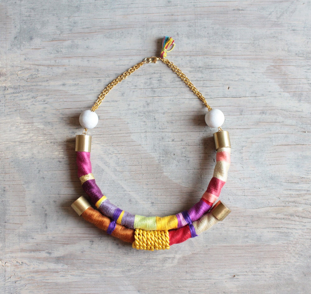 Rainbow rope statement necklace " Iwana" /// Circus collection /// Hand crafted brass and fiber necklace