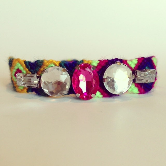 Friendship bracelet, Rhinestone friendship bracelet, rainbow bracelet, pink rhinestone, statement jewelry, rhinestone bracelet, neon