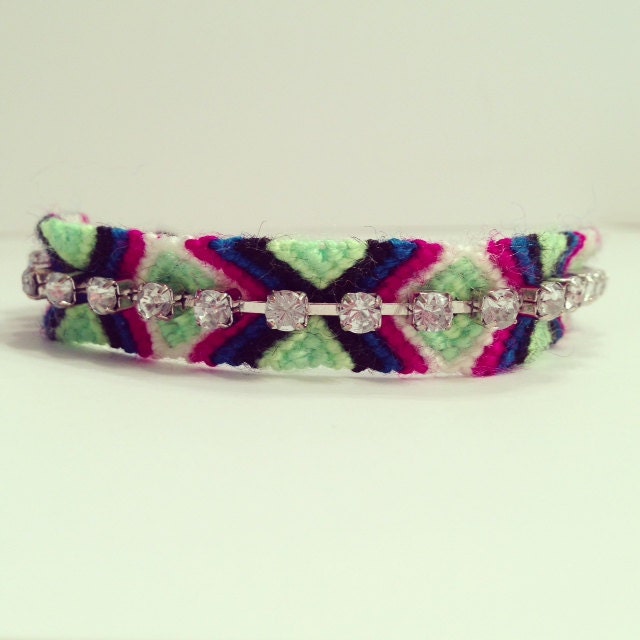 Friendship bracelet, Rhinestone friendship bracelet, green bracelet, neon friendship bracelet, statement jewelry, rhinestone bracelet