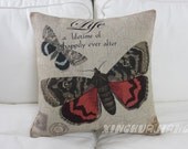 Life "a lifetime of  happily ever after " and red colorful butterfly printed handmade throw pillow cover / cushion case 18 x 18