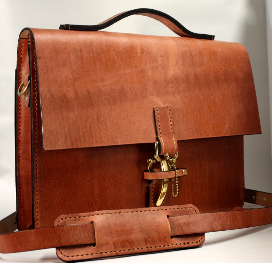 A thick supple Russet Tan Harness Leather Messenger Bag / briefcase in solid brass trim and a single large section - Boone 1058