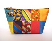 Tropical Forest Patchwork Cosmetic Thai Silk Purse with Zipper and Elephant Charm